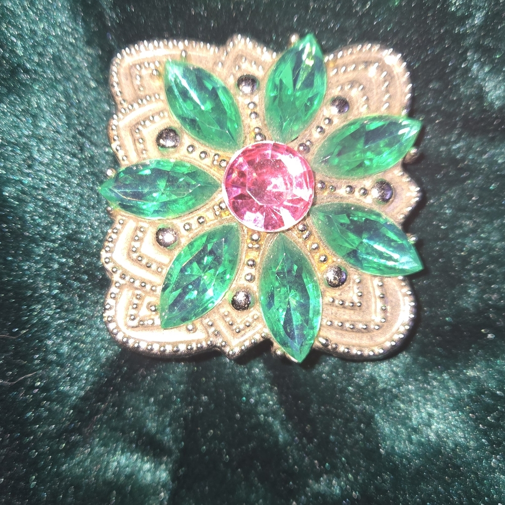 Vintage Silver With Green and Pink Jewel Brooch *Read